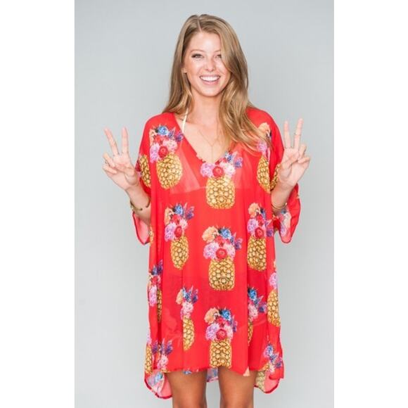 Show Me Your Mumu Kimono Pineapple Print Red Sheer Cover Up *FLAW - Picture 1 of 6
